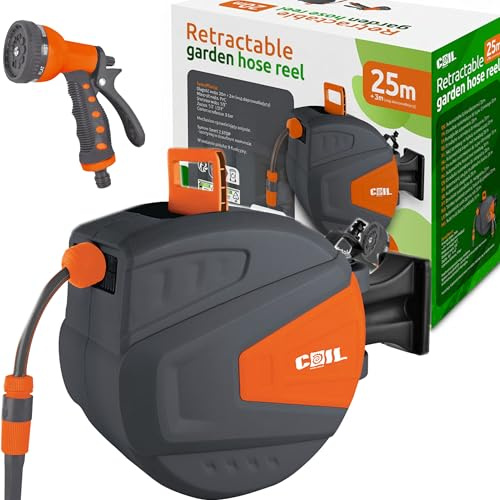 COIL Avvolgitubo da giardino, automatico, a parete, Smart Stop, 9 funzioni di spruzzo, incl. pistola a spruzzo, tubo di ingresso da 2 m, 25 m