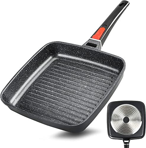 FAVIA Grillpfanne Aluminium-Quadrat-Grillpfanne Stielkasserolle Induktionsgeeignet Rillen, mit abnehmbarem Stiel PFOA PFOS PFAS-frei Spülmaschinenfest (26cm Grillpfanne)