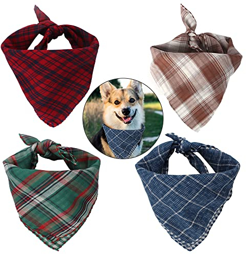 Dadabig 4 Stück Bandana für Hund, Haustier Bandanas Hundehalstuch Kragen Stilvolle Kariertes Hunde-Halstuch Reversibel Dreieck Lätzchen Welpen Halstuch für Niedlichen Hunde und Katze (Baumwolle)