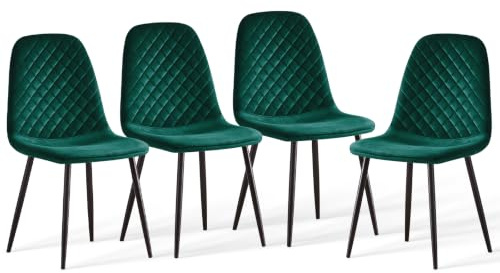 AINPECCA Set of 4 Velvet Dining Chairs Green Kitchen Chais Fabric Upholstered Seat with Metal Legs Living Room Dressing Lounge Home(4,Green)