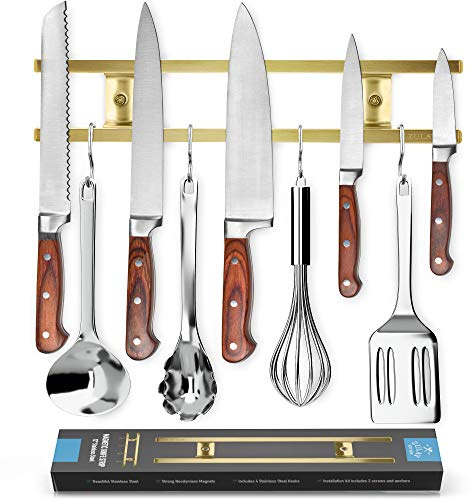 Zulay (12 Inch) Stainless Steel Magnetic Knife Holder For Wall - Powerful Knife Magnetic Strip With Extra Hanging Hooks - Wall Mount Magnetic Knife Strip & Organizer For Kitchen & Tools (Gold)