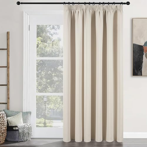 MRTREES Pencil Pleat Blackout Curtains for Bedroom Living Room, Single Thermal Door Curtain Soft Fabric, 1 Panel 228x228 CM 90x90 Inch Beige