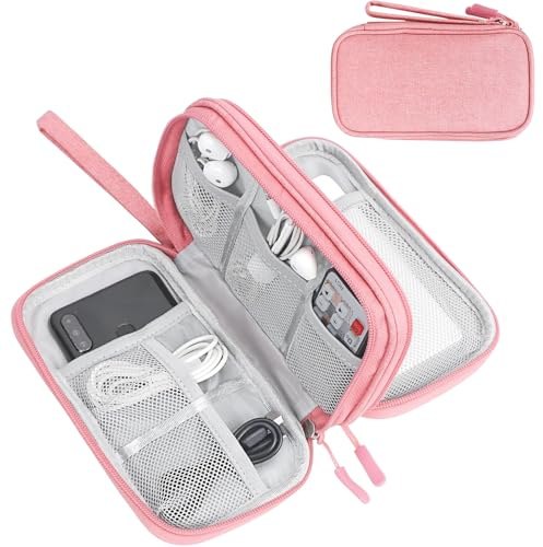 FYY Travel Cable Organiser, Electronics Accessories Bag, Waterproof Tech Storage Pouch, 2-Layer Universal Carry Case for Charger, Power Bank, USB Drive S-Pink