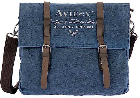 Avirex Messenger in Canvas e Pelle Bovina Anticata, Cartella a Tracolla Regolabile in Stile Militare, Collezione 140506 CNV0D (Blue)
