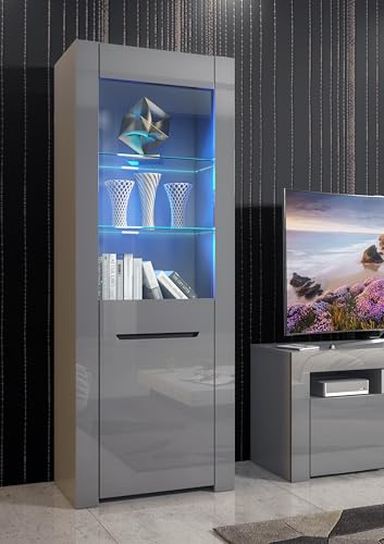 Furneo Milano 09G – Grey Display Cabinet, High Gloss & Matt Finish, Blue LED Lights