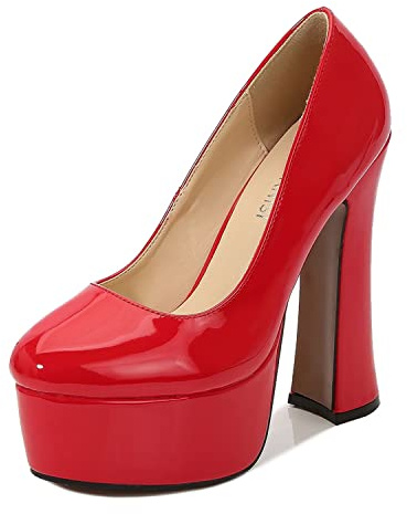 WOkismD Femmes Brevet Haut Talon Plate-Forme Chunky Bloc Talon Pompes Bout Rond Chaussures de soirée à Enfiler pour Sexy Stripper Club Pole Dance Grande Taille 35-46,Rouge,39