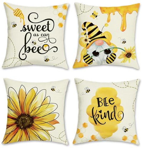 Bonhause Bee Sunflower Cushion Covers 45 x 45 cm Spring Honey Gnome Decorative Throw Pillow Covers Yellow Pillowcases for Sofa Garden Patio Outdoor Decor Set of 4