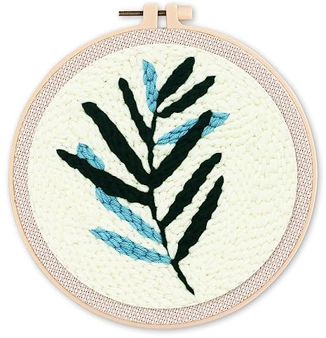 Figured'Art Punch Needle Kit Complet pour Adultes et Enfants - Feuille Bi-Colore - Parfait pour Débutant. Set prêt à broder taille 20x20cm avec cadre circulaire