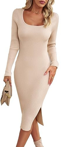 ZIYYOOHY Elegant Strickkleid Rippstrick Pulloverkleid Langes U-Ausschnitt Langarm Midikleid Party Kleid (XL, Apricot)