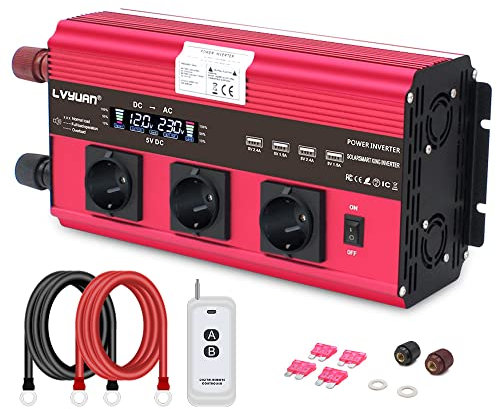 Cantonape Inversor de Corriente 2500W/5000W Onda sinusoidal modificada Transformador De 12v A 230v con 3 Tomas de CA y 4 x USB LCD, Control Remoto inalámbrico