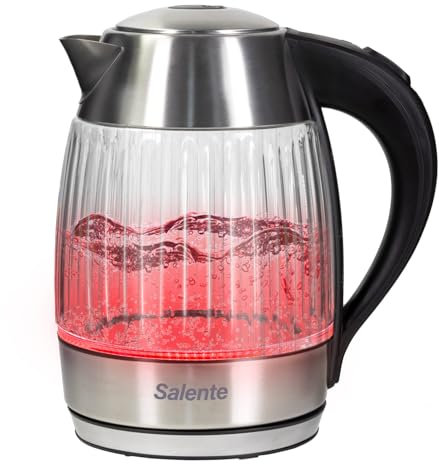 Salente StripeGlass Kettle 1.8 Litre Stainless Steel and Reinforced Borosilicate Glass with Anti-Limescale Filter, Dry Run Protection, 2200 W, LED Light (Red Backlight)