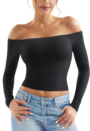 ZAAYO Long Sleeve Schulterfreies Oberteil Damen Y2K Crop Top Basic Langarmshirt Sport Tshirt Off Shoulder Gym Oberteil Damen Black M