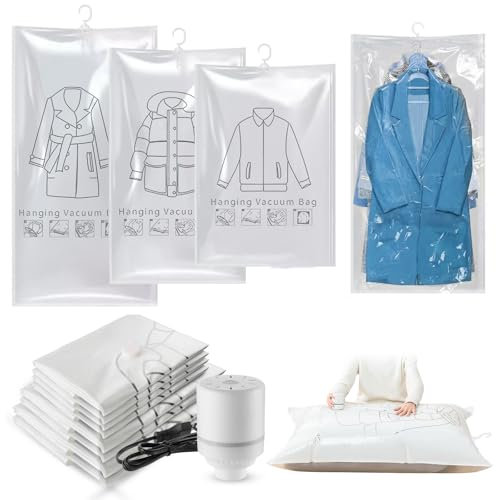 Sacchetti Sottovuoto Vestiti con Pompa Elettrica, Confezione da 8 (2 jumbo, 2 grandi, 4 medi), Sacchi Sottovuoto Riutilizzabili, Piumoni per abiti Stagionali, Abiti, Cappotti, Giacche
