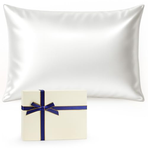 tenn well Mulberry Silk Pillowcase, 19 Momme Silk Pillowcase | for Hair and Skin, Soft & Smooth with Hidden Zipper (Standard 51 x 76cm, 1 Pack White Includes Gift Box)