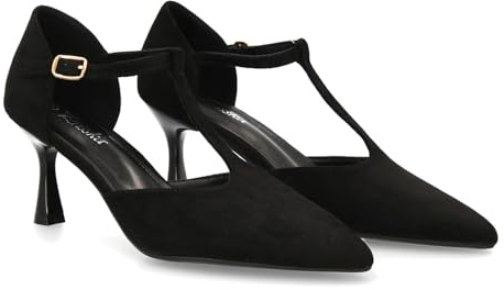 96104 Zapato de Tacon Medio con Tira en T para Mujer. Elegante, Comodo y versatil. con un Diseno Tipo Salon Ideal para Otono Invierno. Cierre de Hebilla y Tacon Fino. Negro Talla 38