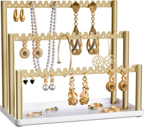 Jasopaco 3-Tier Earring Holder Organizer Stand with Tray, Gold Jewelry Display Rack for Stud & Dangle Earrings, for Women, Girls and Vendors.