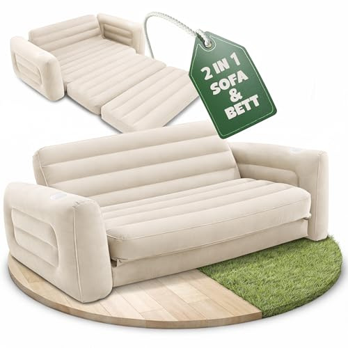 JoyMotion Divano Gonfiabile - Divano da Campeggio Gonfiabile ad Aria con Funzione Estensibile - Superficie Invernalizzata - Gonfiabile per Ospiti o per il Campeggio (Beige)
