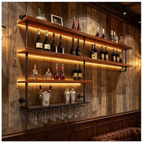 TAUODUYY Botellero de Pared con Madera Maciza, Estante de Pared para Botellas de Vino con Luces LED, Estante de Vino Montado en la Pared con Soporte Copas, para Bar, Comedor, Cocina (130cm)