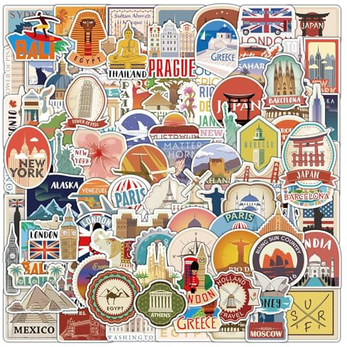 100 Pezzi Adesivi Viaggio Mondo, Adesivi di Viaggio Vintage, Vinile Impermeabile, Simboli & Monumenti delle Città del Mondo, per Laptop, Bici, Moto, Skateboard, Casco & Auto