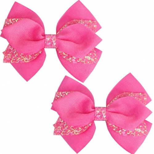 2Pcs Hair Bow Clips, Glitter Sparkle Bow Hair Clips, Hairs Accessories for Girls Birthday New Year Wedding Party Dress Outfit Decor Accessories (Hot Pink)