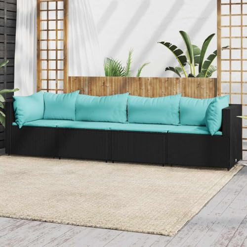 Runheo Salon de Jardin 4 pièces en résine tressée Noire avec Coussins Bleu Eau, canapé modulable d'extérieur Confortable, Ensemble Fauteuil Banquette Angle pour terrasse, Balcon, Patio, Piscine