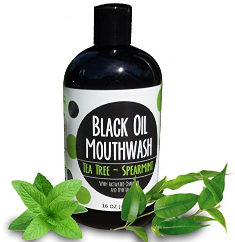 Black Oil Mouthwash for Oil Pulling w/Powerful Xylitol & Activated Charcoal, Sweet Tea Tree & Spearmint Flavor,16 oz.