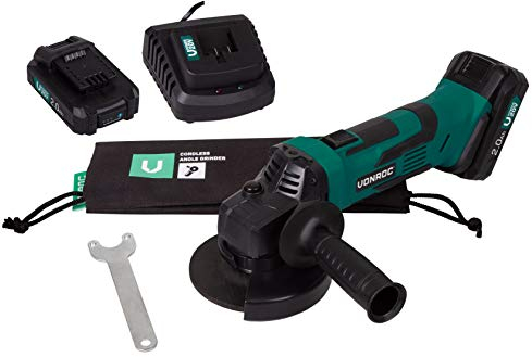 VONROC Amoladora angular inalámbrica VPower de 115mm – juego completo con 2x baterías, cargador rápido, mango lateral y bolsa de almacenamiento