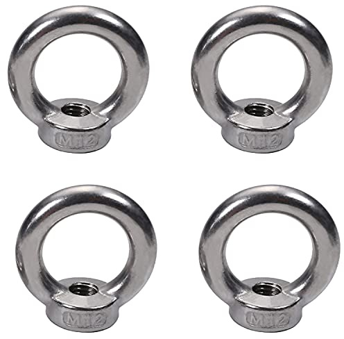 MroMax 4Pcs Lifting Eye Nut M12 Metric Female Thread Ring Shape Nut 304 Stainless Steel Round Shape Fastener Lifting Ring for Rope Fitting Silver
