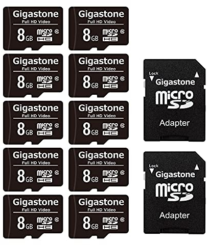 GIGASTONE 8GB MicroSDHC Speicherkarte 10er-Pack + SD Adapter, für Action-Kamera, GoPro, Drohne und Tablet, Lesegeschwindigkeit bis zu 85MB/s, Full HD-Videoaufnahme, Micro SD Karte UHS-I Klasse 10 U1