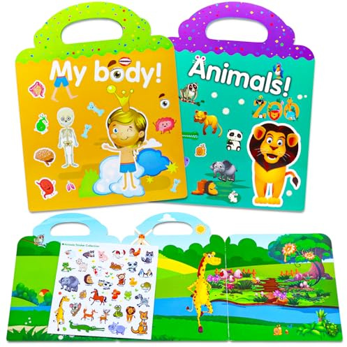 Gommettes Enfants 2 3 4 Ans 2 Pcs Livre Autocollant Mon Corps et Animaux, Reutilisable Activite Enfant Autocollant avec Pliable Panorama et PVC Statiques Illustré, Reusable Sticker Book, Idees Cadeaux