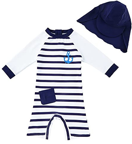 upandfast Maillot 1 pièce bébé garçons avec Fermeture éclair Maillot à Manches Longues et Chapeau Assorti avec Protection Solaire UPF 50+ (Ancre de Bateau, 3-6 Mois)
