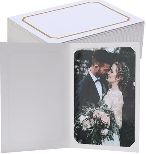 Meonua 50 Pack Photo Frame for 4x6 or 5x7 Pictures - Paper Photo Frames,Greetings/Invitation Cards, Cardboard Picture Frame,wedding,Graduations,DIY,Classroom (white Gold Lining)