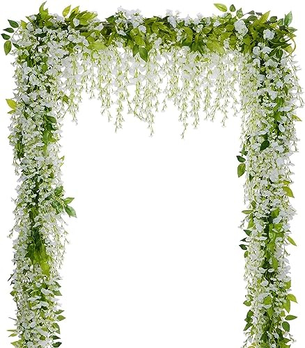Aisawate Lot de 2 guirlandes de glycines artificielles à suspendre pour maison, jardin, extérieur, cérémonie, arche de mariage, décoration florale (blanc)