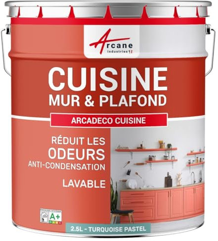 Peinture cuisine lessivable absorbe les odeurs - 2.5 L Turquoise Pastel - RAL 6034 - ARCANE INDUSTRIES