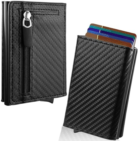 Portafoglio, Protezione Spazzola Antifurto RFID, Porta Carte di Credito Uomo con Scomparto con zip per Monete, Wallet in Alluminio con Pop-up Automatico, Portafoglio Slim Pronto per Essere Regalato