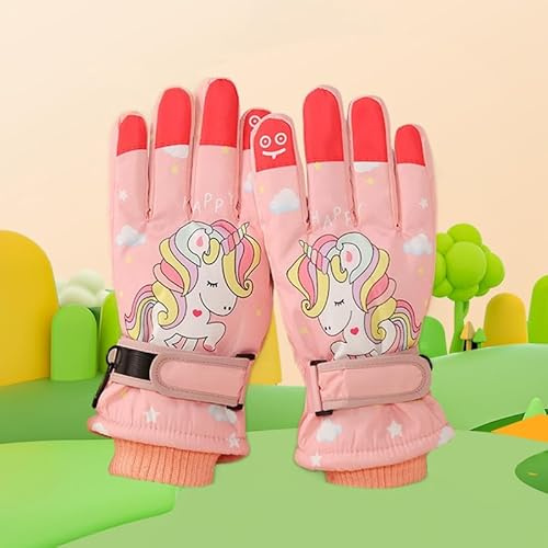DHSUN Handskar barn vinter snöhandskar skidhandskar flickor pojkar PU palm vattentäta vindtäta varma fleece vinterhandskar cykelhandskar (rosa enhörning, L)