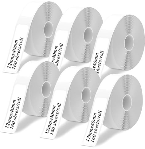 Farerkass Cinta de Etiquetas Autoadhesivas, 6 Rollos Aptos para Impresoras de Etiquetas, 12x40mm Etiquetas Térmicas Impermeables, para Oficina Hogar Escuela