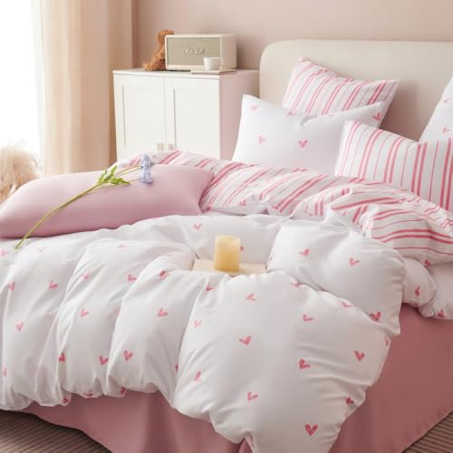 Sedefen Housse de Couette 220x240 cm cœur Rouge Rayures Ado Adultes Parure de Lit 2 Personnes avec Fermeture Éclair Filles Housse Couette en Microfibre avec 2 Taies d'oreiller 65x65 cm
