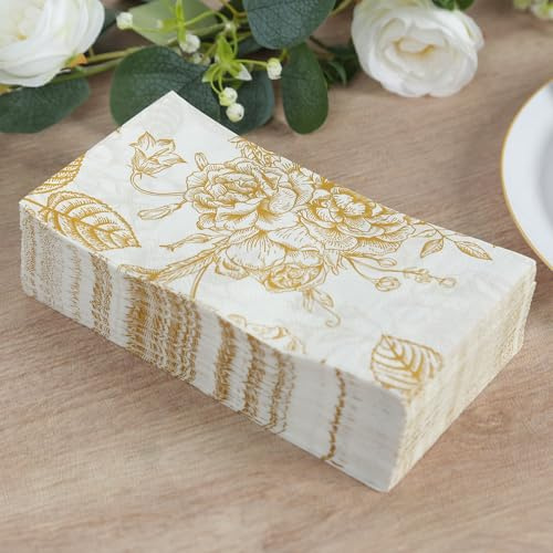 Efavormart 50 Pack White Gold 2-Ply Paper Dinner Napkins in French Toile Floral Pattern, Highly Absorbent Soft Disposable Party Napkins