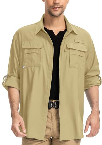 yeyity Chemise d'Extérieur à Manches Longues pour Homme UPF50+ Protection UV Safari Respirante et Fonctionnelle à Séchage Rapide pour Randonnée, Pêche, Trekking