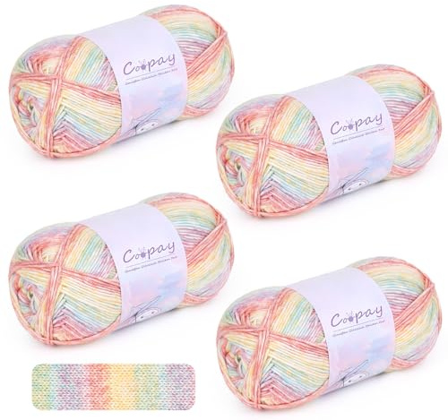 Coopay Laine pour crochet - Dégradé de couleur - 4 x 100 g - Fil à crochet multicolore - Dégradé de couleur - Laine à tricoter - Super douce - En coton - Pour pulls élégants, chapeaux, écharpe