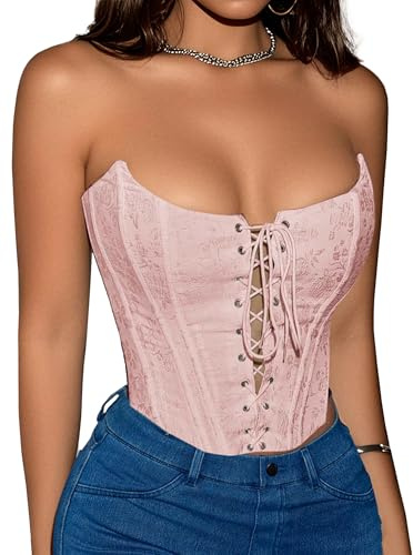 Benfoly Haut corset pour femme, bustier sans bretelles dos nu à lacets, débardeur court sans manches, haut sexy d'été pour sortir, Y2K Club