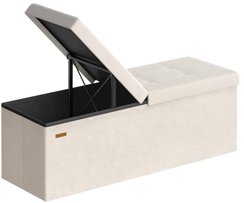 SONGMICS Puff Almancenaje, Banco Almacenaje Plegble, 38 x 110 x 38, Tapa Abatible, Taburete con Reposapiés, Carga 300 kg, Entrada, Salón, Dormitorio, Tela de Terciopelo, Beige Capuchino LSF078LH01