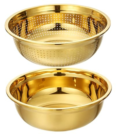 UKCOCO Passoire Bol 18 Cm En Acier Inoxydable Doré, Passoire à Mailles Fines Et Bol De Lavage, Ensemble La Cuisine Pour Fruits Et Légumes, Usage Domestique Et Camping, Lot De 2 Set De Pièces