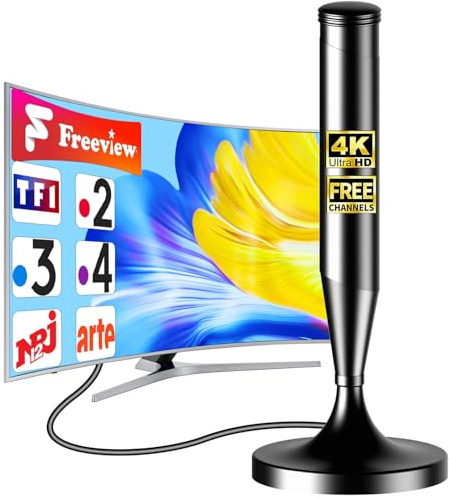 SZKALAK Antenne TV Intérieure DVB-T2 avec Base Magnétique – Réception 360° TNT HD 4K – sans Amplificateur – Câble Coaxial 5M – Compatible Smart TV