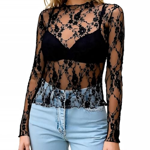 NewBull Sexy Lace Top Women's Long Sleeve Top Lace Women Long Sleeve Sheer Mesh Sheer Mesh Blouse Transparent Shirt Women's Crop Tops See Throgh Tops for Women (UK, Alpha, M, Regular, Regular, Black)