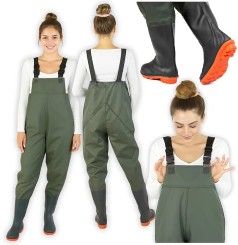 ZOLTA Wathose mit integrierten Stiefeln PVC 100 wasserdicht DualSeal Nähte rutschfeste Sohle verstellbare Hosenträger Brusttasche Watstiefel Angeln Arbeit Watbekleidung Größen 42