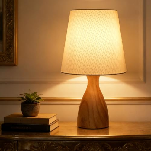 Aukimo Träbordslampa för sängkanten, vit linne lampskärm med guldrandig dekoration, på/av-knapp, 12,5 tum nattduksbordslampa för läsning, sovrum, vardagsrum, barnrum, kontor, glödlampa ingår (Träfärg)