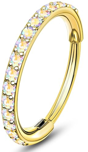 OUFER Piercing Naso 20G 316L Acciaio Chirurgico Anello Naso Rosa Oro Argento Gioiello per Nose Ring 8mm Piercing Nostril CZ Iridescente Lobe Labret Ring Hoop per Donne