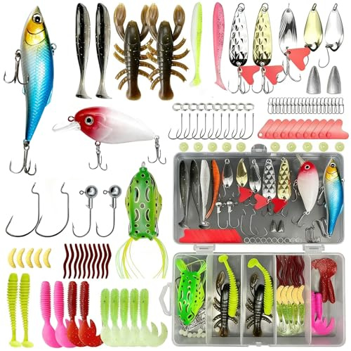 Fishing Lures Mixed Kit, 107 Pcs Fishing Bait Lure Gear Kit Set for Freshwater & Saltwater Portable Soft Rigs Lures Included Crankbaits Spoon Hooks Jigs Spinners Etc, Fishing Hooks Accessories